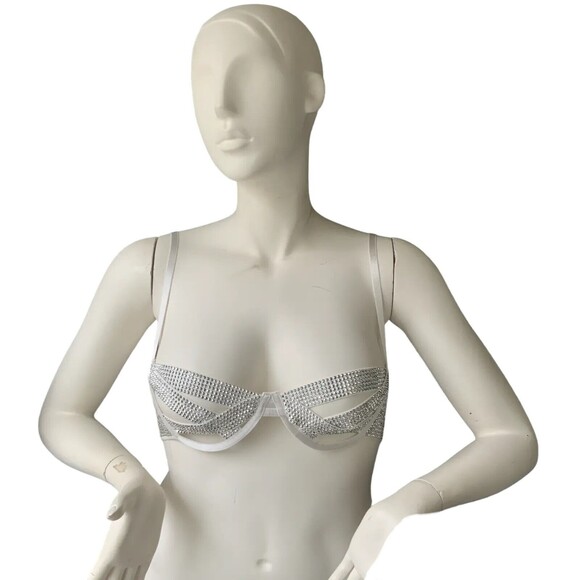 Banjul Rhinestone Embellished Swim Top White Zip Back  L - Picture 3 of 12